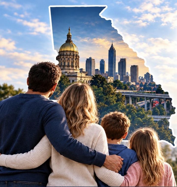 Illustration: a family looks out at the Georgia State Capitol and the Atlanta skyline, framed in the shape of Georgia